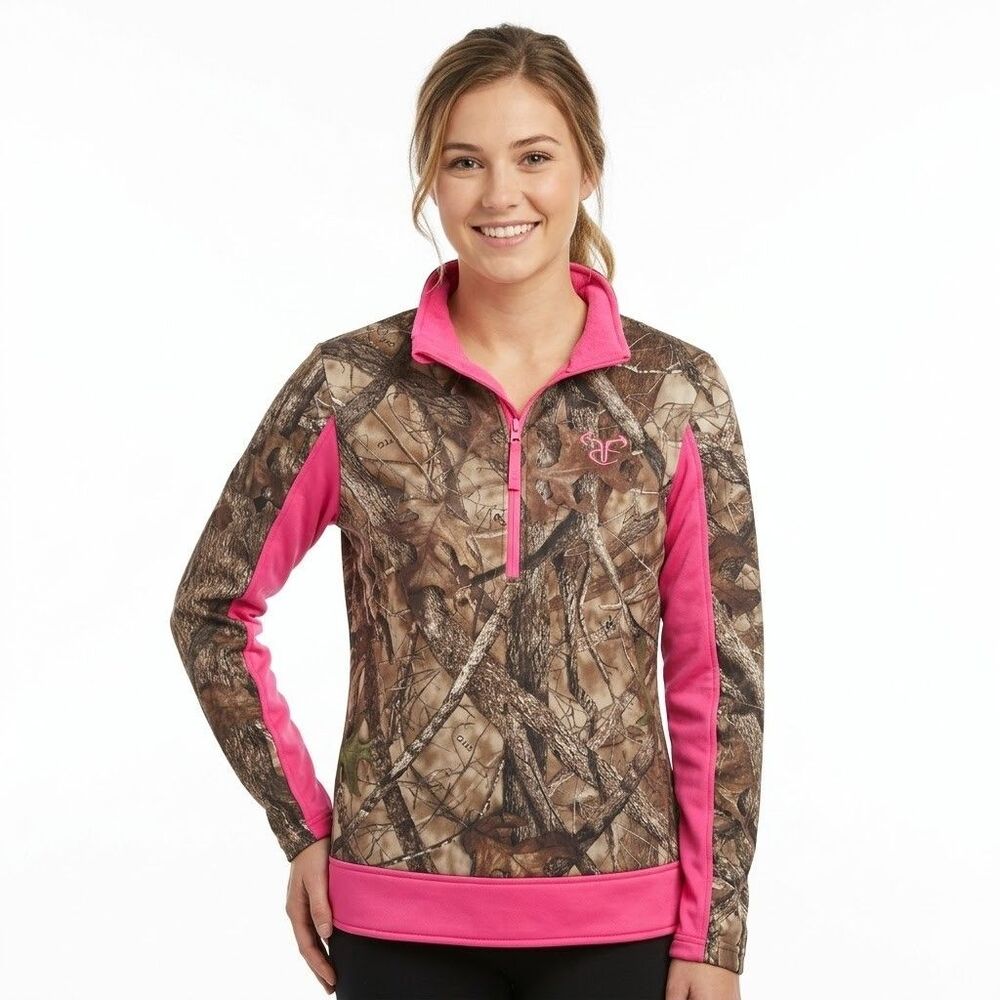True Timber Camo Sweatshirt Women's XL Pink Trim Camouflage 1/4 Zip Pullover NWT